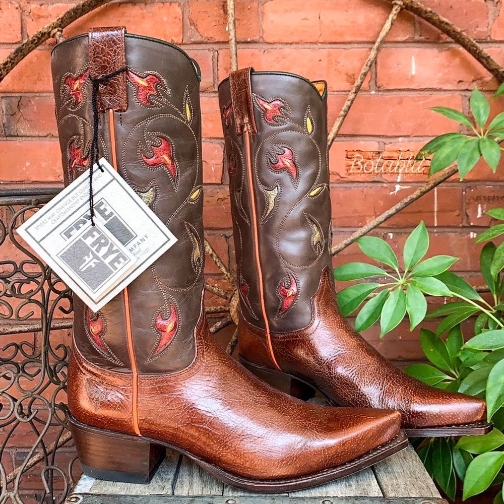 FRYE NEW Floral Inlay Brown Leather Boots 8 - Picture 1 of 11